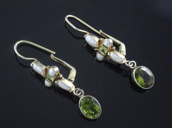A pair of silver gilt, peridot and mother of pearl cluster drop earrings, 31mm.